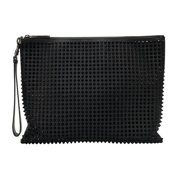 Auth CHRISTIAN LOUBOUTIN Peter Pouch Black Leather Clutch Bag - Picture 1 of 16